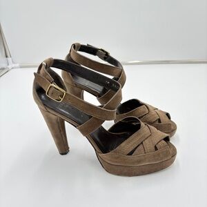 Stuart Weitzman Grey Suede Platform Strappy Sandal Heel Peep Toe Womens Size 6.5
